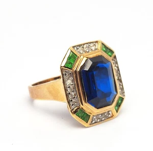 Precioso anillo grande dorado plata esterlina verde azul cristales transparentes talla 10.25 - Imagen 1 de 4