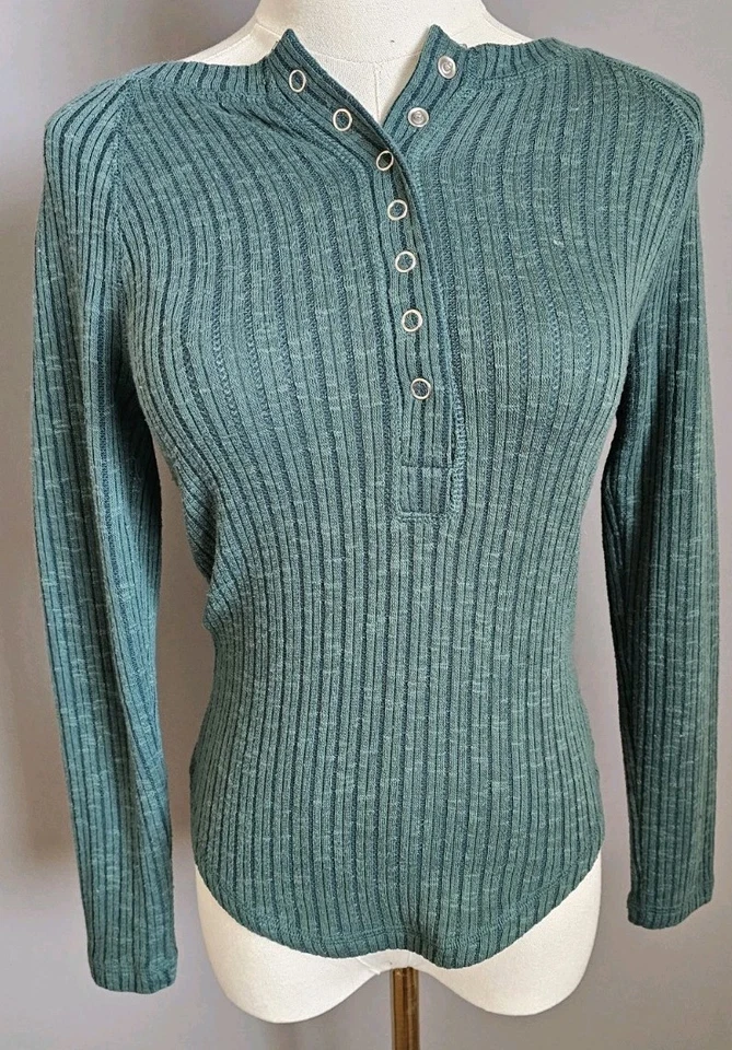 Top Henley Derek Corazón Acanalado A Presión Frontal Manga Larga Verde Azulado Talla S Y2K Años 90 Foto 1 de 4