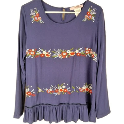 Top boho con volantes azul marino talla L manga larga floral bordado clase C Foto 1 de 4