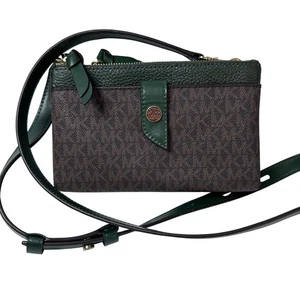 Nuevo sin etiquetas Bolso Bandolera Michael Kors Mediano Logo Doble Cremallera Marrón y Verde - Imagen 1 de 14