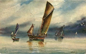 Raphael Tuck. "Vier Segelboote nach rechts." Montague, Künstler. Ölfaksim. UNP. - Bild 1 von 2