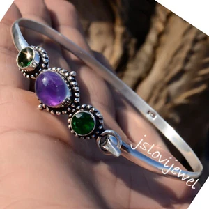 Amethyst & Diopside Gemstone 925 Sterling Silver Cuff Bangle Latest Jewelry - Picture 1 of 5