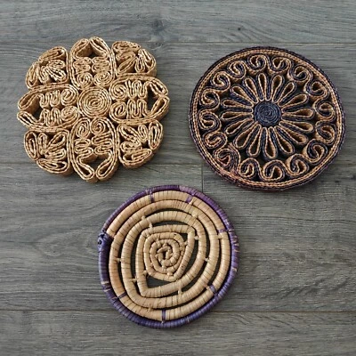 Woven Wicker Trivets 3 Vintage Rattan Raffia Hot Pads Pot Holders Boho Decor Set - Image 1 of 4