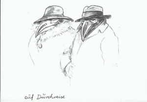 Postkarte Karikatur Kunstkarte Kohlezeichnung Tiermenschen "Auf Durchreise" neu  - Bild 1 von 1