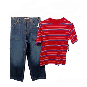 Boys Jeans Set-10-Loose Fit Red Striped T-Shirt-School-Old Navy-Faded Glory - Picture 1 of 7