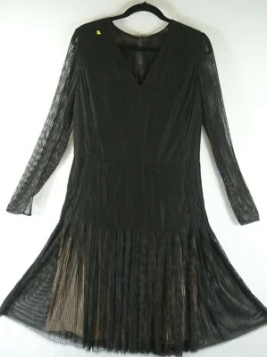 Nuevo con etiquetas Vestido Plisado Akris Cuello en V Malla Mangas Transparentes en Negro - Talla 6 #D4099 Foto 1 de 4