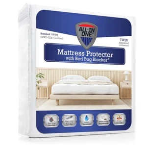 All-in-One Bed Bug Blocker Mattress Protector Water Resistant Zippered Twin New - Picture 1 of 12