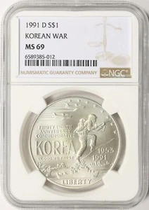 1991-D $1 Korean War Commemorative Silver Dollar NGC MS69 - Picture 1 of 2