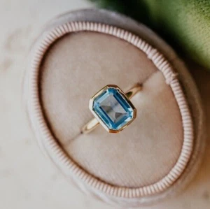 Emerald Cut Simulated Aquamarine Unisex Classic Band Ring 14K Yellow Gold Plated - Picture 1 of 6