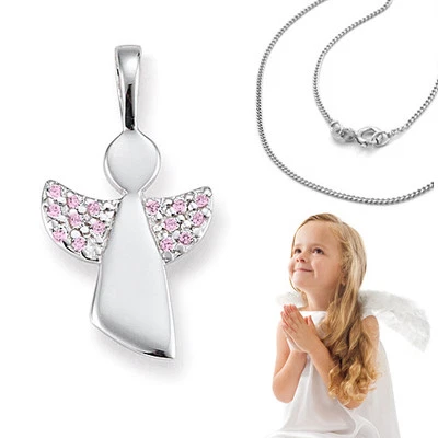 FACHHANDEL-DIREKT Mädchen Schutz Engel Anhänger mit pinken Zirkonia Steinen und Kette Silber 925