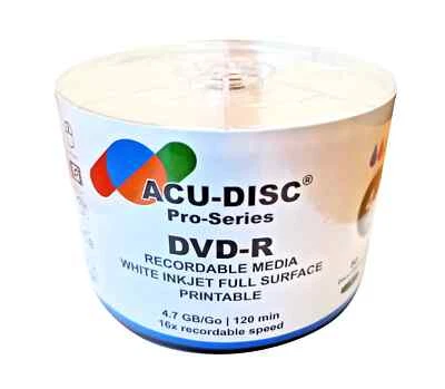 600 ACU-DISC Pro-Series DVD-R White Inkjet Printable 16x 4.7GB 120min Full Face - Image 1 of 2