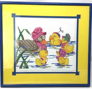 Nursery Cross Stitch Mother Duck on Pond w/ Babies Blue Metal Frame Glass 13.25" - Picture 1 of 12