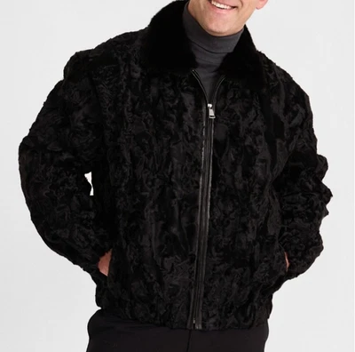 Men's Black Persian Lamb Fur Bomber Jacket Mink Fur Collar Astrakhan Fur Coat - Image 1 of 4