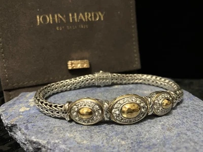 💕JOHN HARDY Sterling Silver & 22K Gold White Topaz Station Bracelet Sz. M-EUC - Image 1 of 4