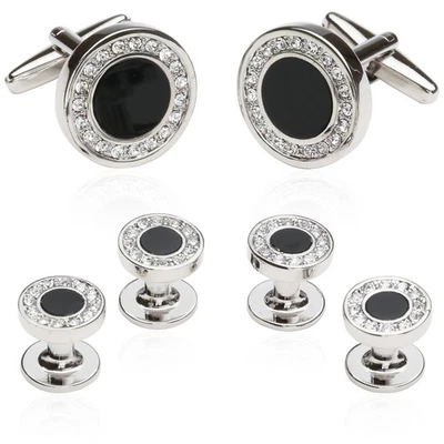 Black Onyx and Crystal Silver Cufflinks and Studs Formal Set with Travel Pres... - Image 1 of 4