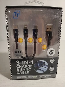 3-in-1 Charge And Sync Cable 6 Ft USB -c iPhone/ipad USB-c - Picture 1 of 2