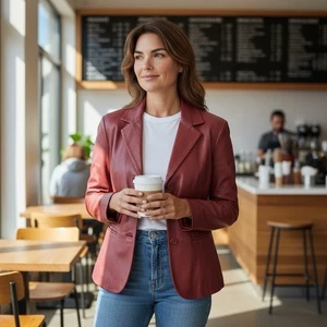 Preston York rote Lammfell Lederjacke Knopfleiste Trenchcoat Damen PM - Bild 1 von 6