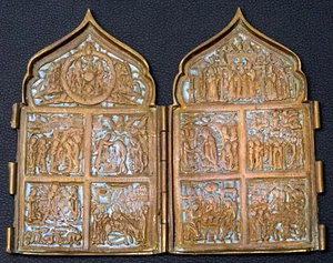 Antike orthodoxe russische Bronze KIEL Ikone FEIERTAGE Emaille 1913 1917 Seidenstraße - Bild 1 von 18