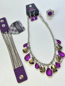 Paparazzi Schmuck Set Halskette Ohrringe Armband Ring Silber Lila Gothic - Bild 1 von 23