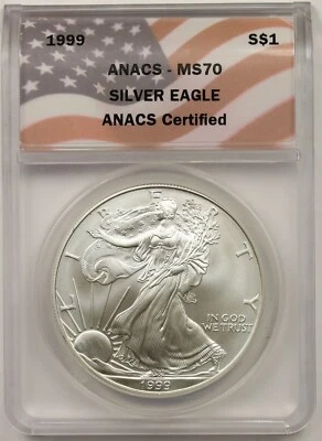 Dólar Silver Eagle 1999 $1 ANACS MS 70 1 oz etiqueta de bandera de plata fina Foto 1 de 4