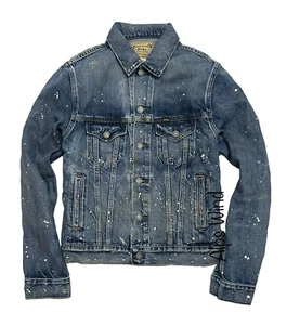 NUOVO Polo Ralph Lauren Uomo Vernice Splatter Denim Trucker Giacca Blu Taglia-L - Foto 1 di 11