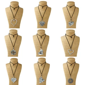 Large Statement abstract metal heart pendant on long Suede necklace Lagenlook - Picture 1 of 23