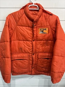 Vtg Stihl Chainsaw Logging Lumberjack Orange Farm Puffer Coat Jacket Mens Medium - Picture 1 of 5