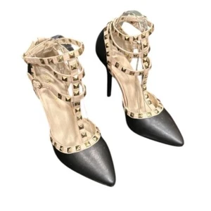 Wild Diva Studded Heels Pointed Toe Ankle Strap Stiletto Pumps Black Size 8 - Picture 1 of 7