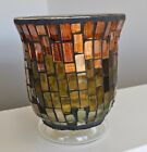 VTG Mosaic Stained Glass Candle Holder Hurricane Glass footed 4.75" amber gold