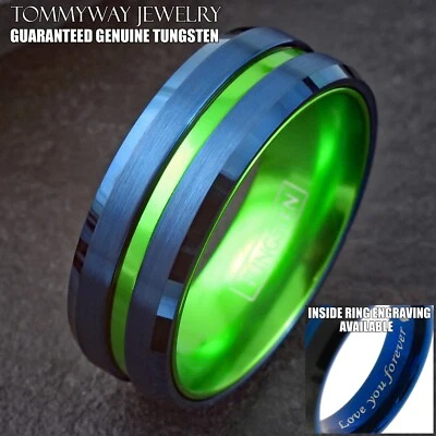 Custom Engraved Mens Blue Tungsten Carbide Green Stripe Band Ring-Seahawks Color - Image 1 of 4