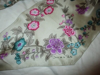 NWT Vtg Oscar de la Renta Taupe Pink Blue Floral 100% Silk Bias Oblong Scarf 69" - Image 1 of 4