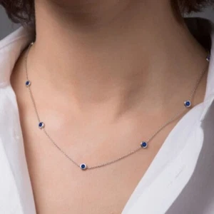 2Ct Round Cut Lab-Created Sapphire 9-Station Necklace in 14K White Gold Plated - Picture 1 of 5