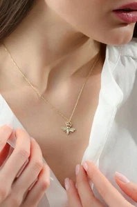 14K Solid Yellow Gold Diamond Queen Bee Necklace Dainty Gold Honeycomb Necklace. - Picture 1 of 12