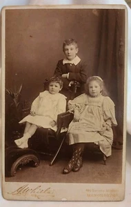 Antique Cabinet Card Three Victorian Children Siblings - Seated White Dresses - Picture 1 of 3
