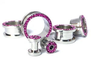 PAIR Fuchsia CZ Gem Rimmed 316L Surgical Steel Screw Fit Tunnels Plugs Gauges - Picture 1 of 4