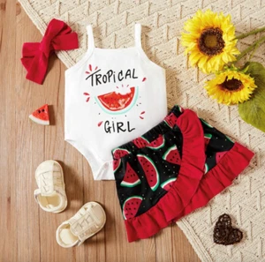 Girls Red Text Print Bodysuit and Short Skirts - Picture 1 of 1