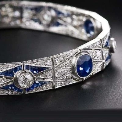 Pulsera estilo Art Deco redonda baguette azul plata esterlina 925 maciza joyería circonita cúbica Foto 1 de 2