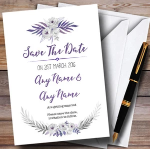 Purple & Silver Subtle Floral Personalised Wedding Save The Date Cards - Picture 1 of 1