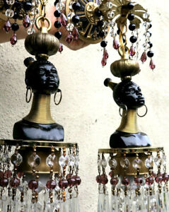 2 Vintage Sconces NUBIAN African lady blackamoor Lamp Spelter Brass beads purple