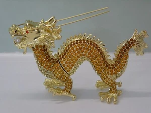 Ruccini Orange & Gold Jewel Crystal Dragon & Pearl in Mouth Opening Trinket Box - Picture 1 of 12