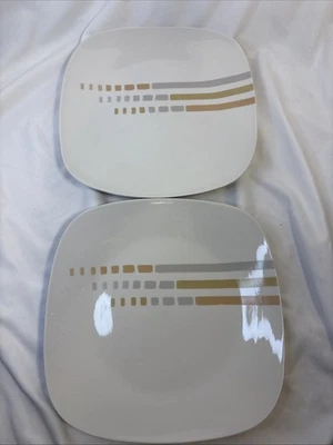"Juego de 2 platos de almuerzo Royal Norfolk líneas retro amarillo gris topo cuadrado 9,75""" Foto 1 de 4
