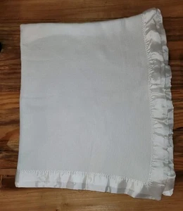 Vintage White Thermal Baby Blanket Waffle Knit Satin Trim Edge EUC 36x41" - Picture 1 of 7