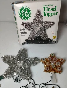 VTG GE Silver Tinsel Topper 10-Light Tree Topper Clear Bulbs Gold Tinsel star - Picture 1 of 12