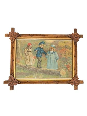 Vintage Black Forest Carved Walnut Adirondack Frame w/ Victorian Print Children - Image 1 of 4