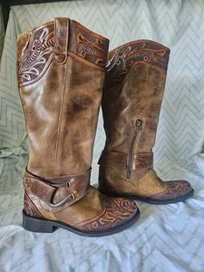 STETSON Womens Size 9.5 Brown Tooled Leather Riding Boots - Picture 1 of 8