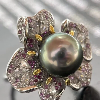 elegante anillo de perlas verdes negras redondas tahitianas 925s(t) de 10-11 mm Foto 1 de 3