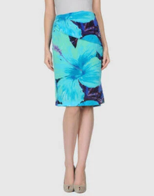 FALDA DE SEDA de diseñador BLUMARINE floral azul lima forrada seda UK14 US10 nueva con etiquetas £580 Foto 1 de 3
