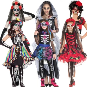 Day of the Dead Scary Skeleton Skull Ladies Girls Halloween Fancy Dress Costume - Picture 1 of 8