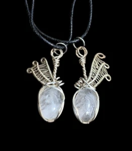 Quartz Crystal Angel Wings Pendant Necklace Set Silver Wire Wrap Best Friend Gif - Picture 1 of 10