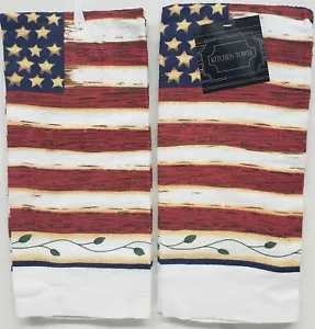 2 SAME PRINTED KITCHEN TOWELS (15"x25") USA PATRIOTIC,AMERICAN FLAG & LEAVES, HC - Picture 1 of 6